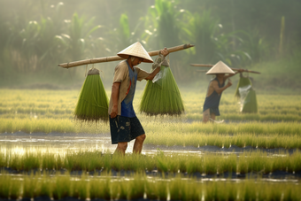 农民种植稻田收获丰收劳作水稻