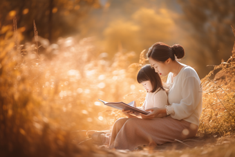 母亲和孩子在户外的草坪上阅读看书母爱
