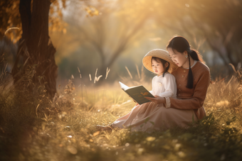 母亲和孩子在户外的草坪上阅读摄影图5