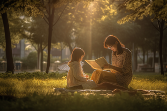 母亲和孩子在户外的草坪上阅读户外娱乐母爱