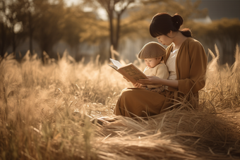 母亲和孩子在户外的草坪上阅读摄影图15
