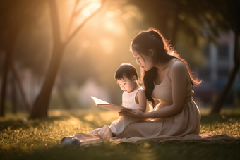 母亲和孩子在<strong>户外</strong>的草坪上<strong>阅读</strong>摄影图17