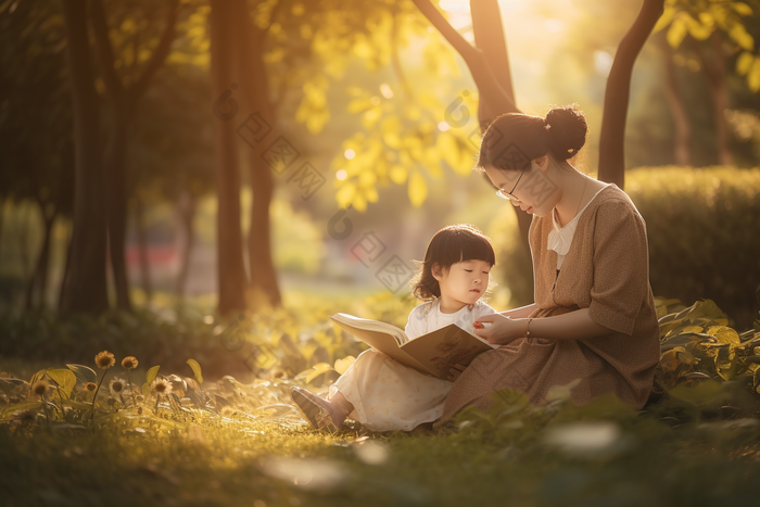 母亲和孩子在户外的草坪上阅读摄影图25