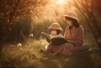 母亲和<strong>孩子</strong>在户外的草坪上阅读摄影图23