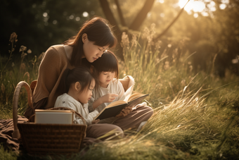 母亲和孩子在户外的草坪上阅读摄影图22