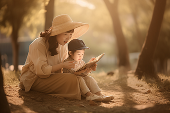 母亲和<strong>孩子</strong>在户外的草坪上阅读摄影图21