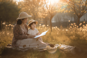 母亲和<strong>孩子</strong>在户外的草坪上阅读摄影图18