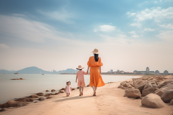 母亲和孩子海滩边散步场景户外活动温馨的场景