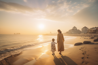 母亲和孩子海滩边散步场景亲子活动温馨的场景