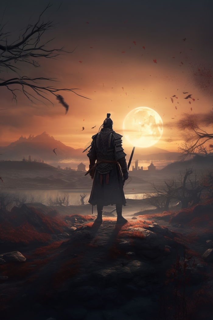 古风日落武侠侠客插图国风剑士水墨侠客人物背影古风武侠侠客戴帽子的