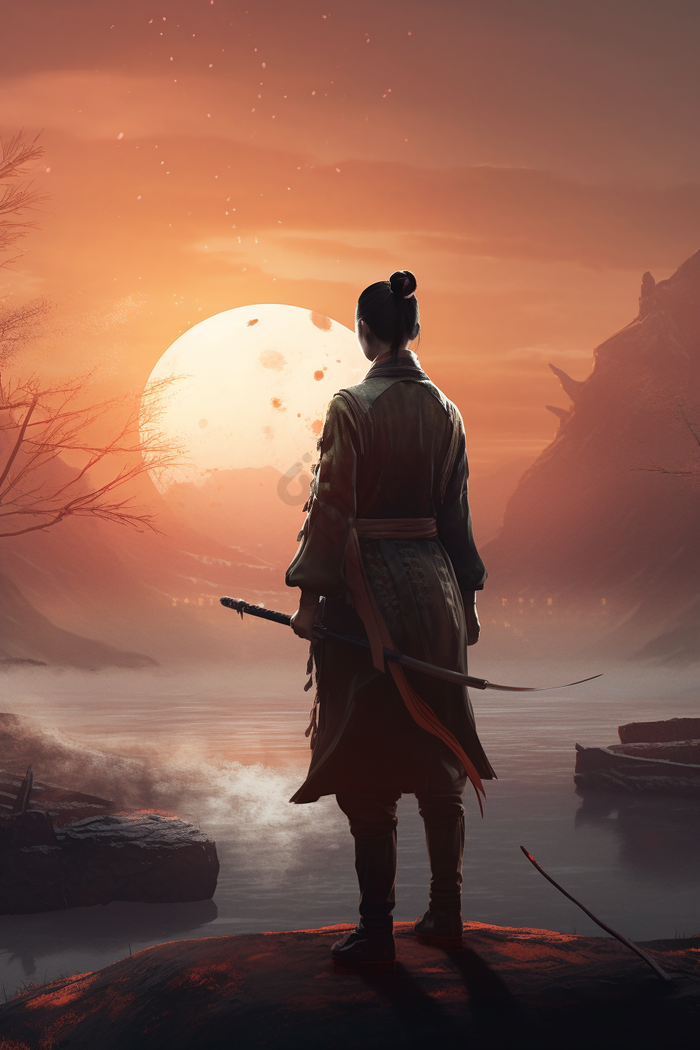 古风日落武侠女侠客插图背影水墨