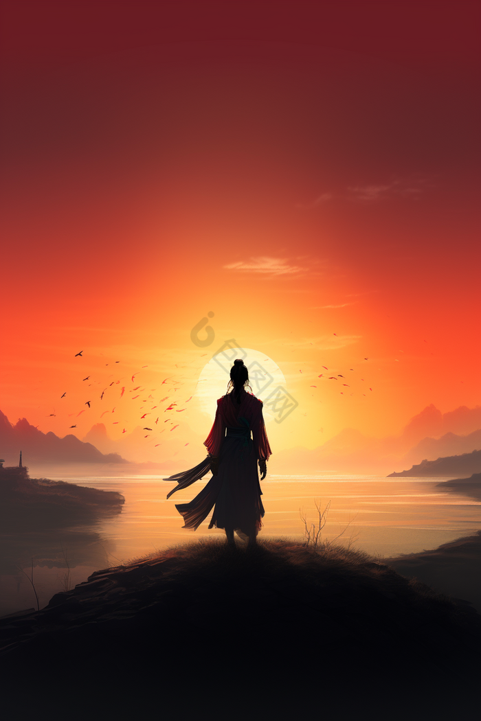 古风日落武侠女侠客插图国风剑士古风江湖大侠侠客背影古风古装江湖