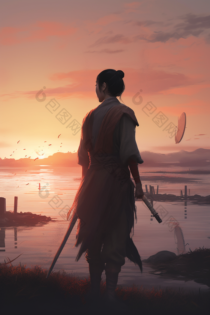 古风日落武侠女侠客插图国风图片-包图网