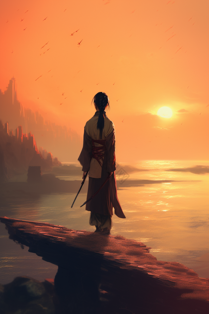 古风日落武侠女侠客插图国风细节的