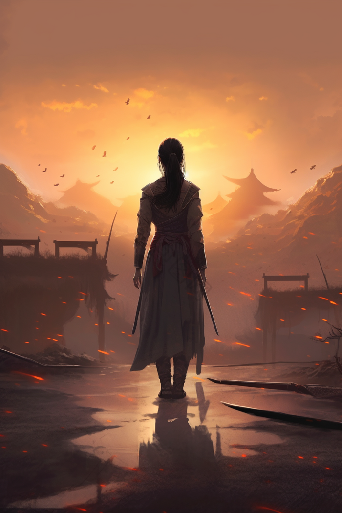 武侠女侠客插图背影水墨水墨古风戴斗笠侠客拿刀的武侠侠客人物古风