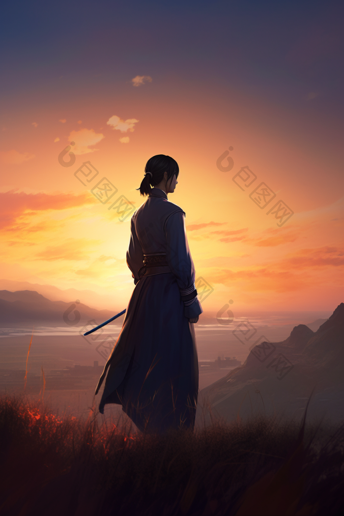 古风日落武侠女侠客插图图片-包图网