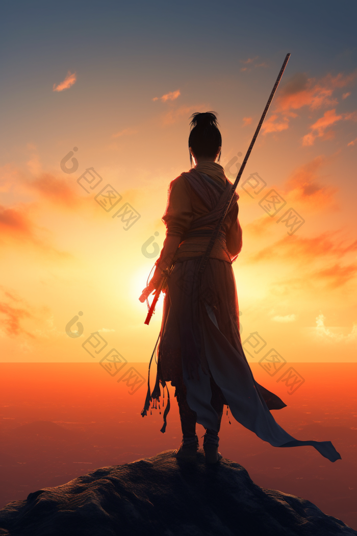 古风日落武侠女侠客插图背影中国图片-包图网