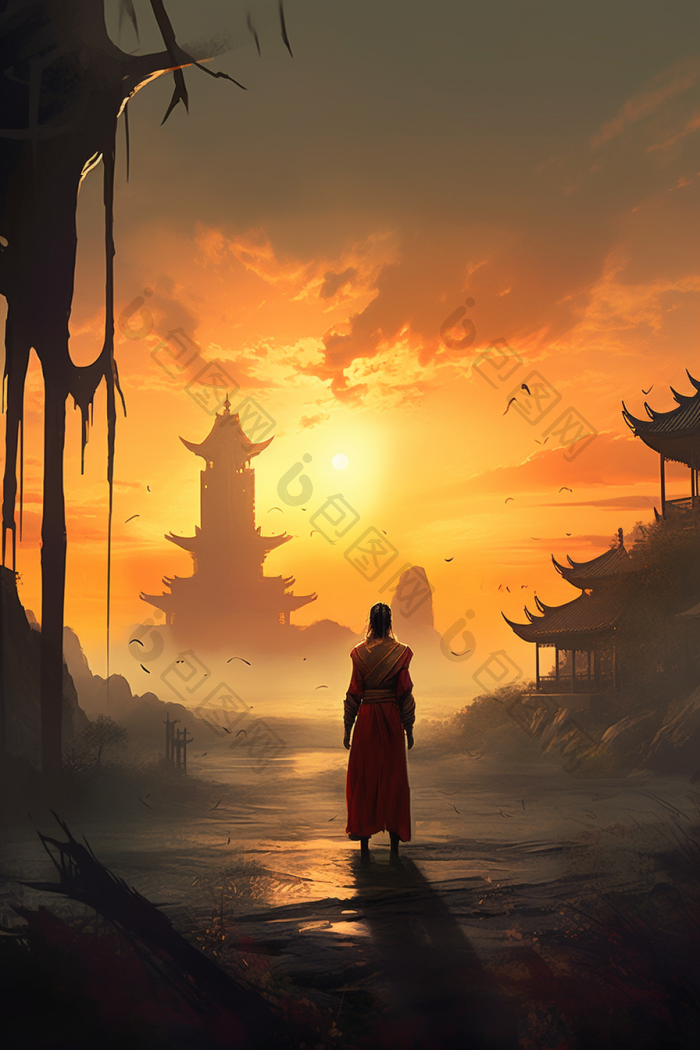 古风日落武侠女侠客插图背影剑士图片-包图网