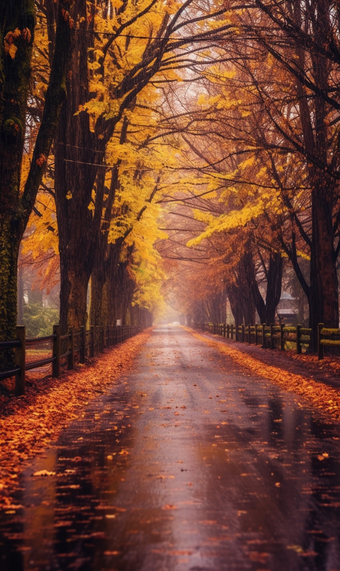 秋天雨后落叶下的公路摄影美丽黄色
