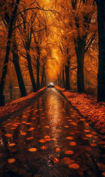 秋天雨后落叶下的公路摄影美丽季节