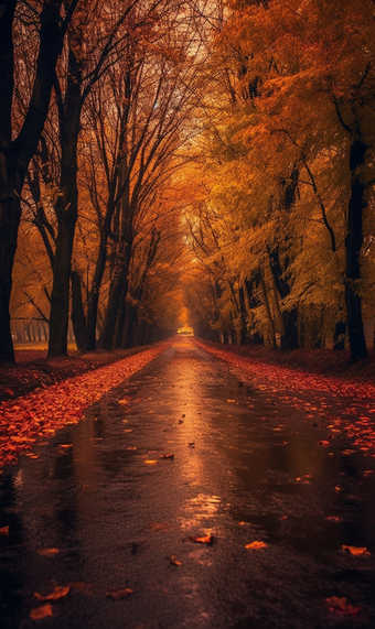 秋天雨后落叶下的公路摄影美丽下雨