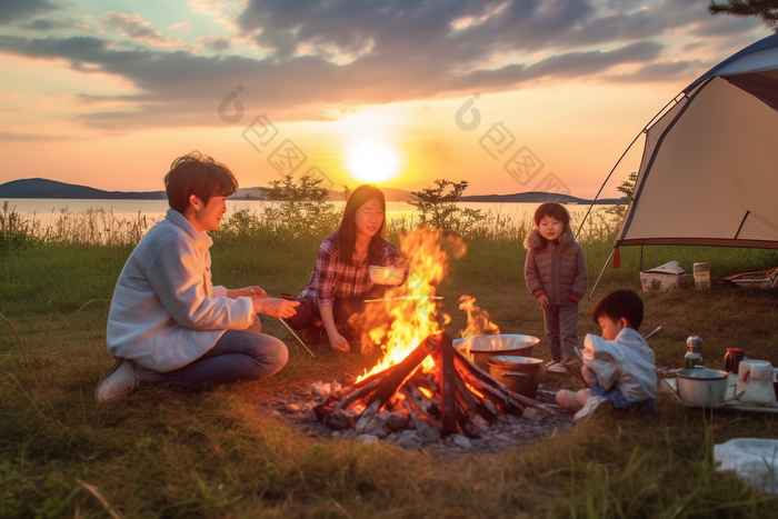 户外露营篝火家庭活动阳光明媚野餐