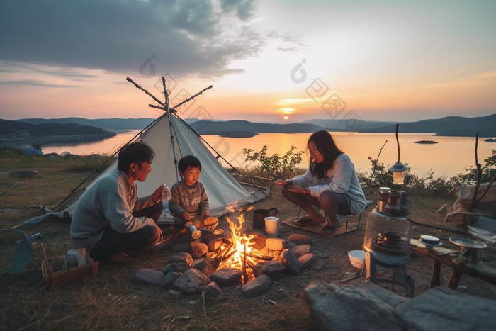 户外露营篝火家庭活动野餐温馨