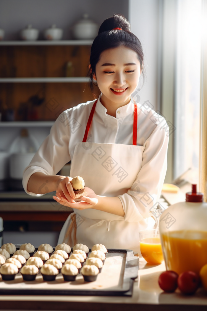 女人厨房制作蛋糕烹饪手工蛋糕厨师