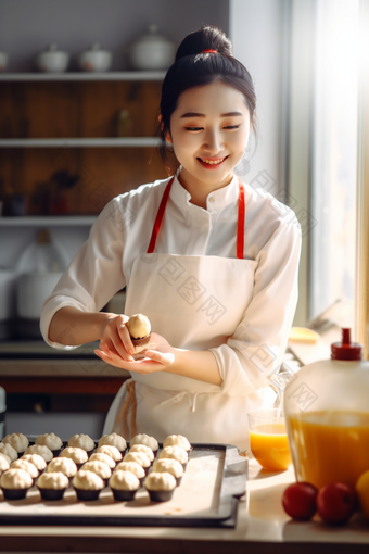 女人厨房制作蛋糕烹饪手工蛋糕厨师