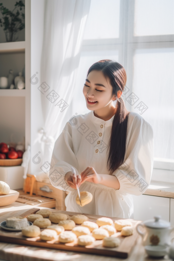 女人厨房制作蛋糕烹饪手工蛋糕家务