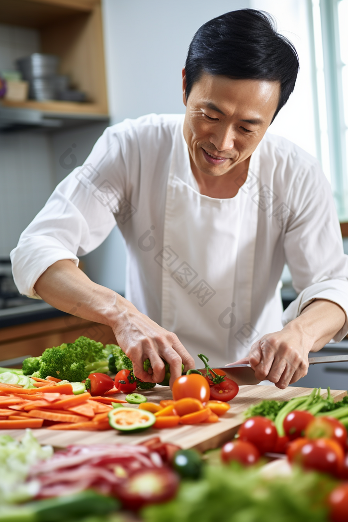 男人厨房切菜做饭烹饪菜肴厨师