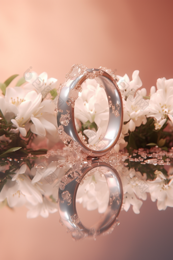 花丛中的精致戒指浅玫瑰色镜面反射