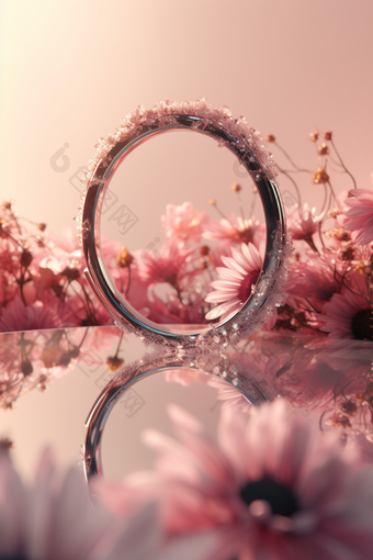 花丛中的精致戒指浪漫镜面反射