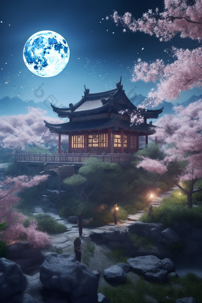 中国古风月下楼宇高清图片下载-包图网