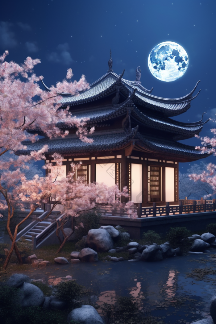 中国古风月下楼宇高清图片下载-包图网
