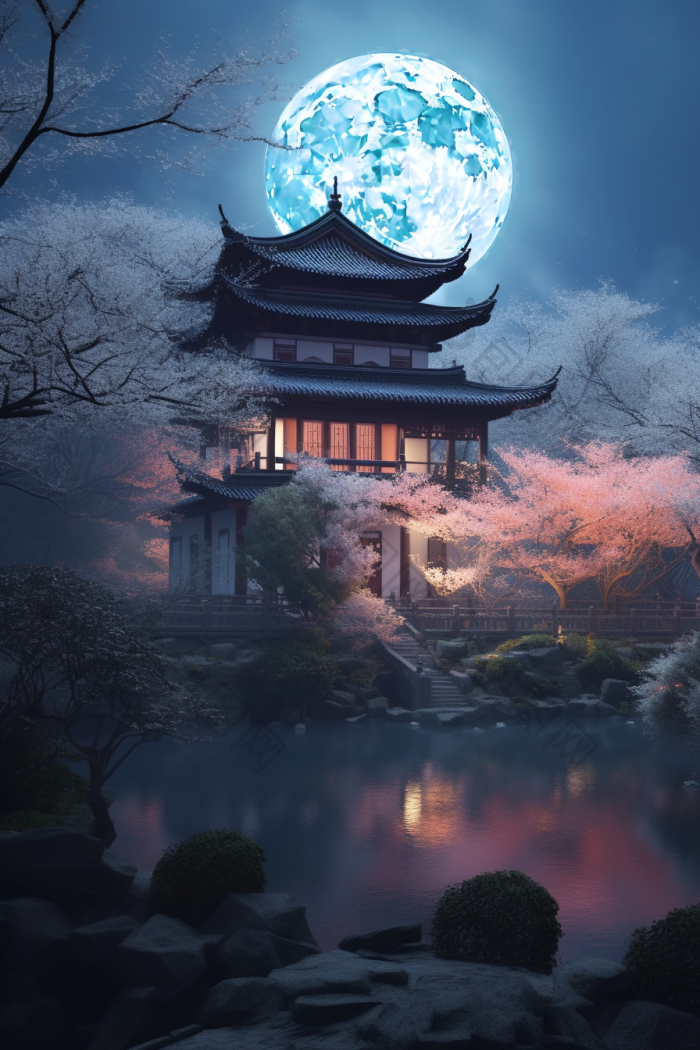 中国古风月下楼宇高清图片下载-包图网