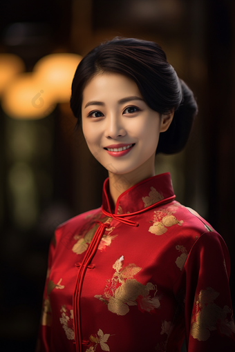 穿着旗袍的温柔中国女孩戏剧服饰微笑