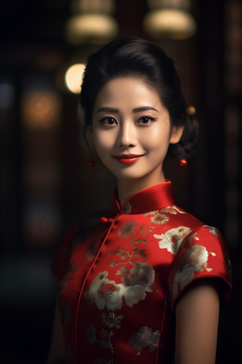 穿着旗袍的温柔中国女孩戏剧<strong>服饰</strong>肖像照