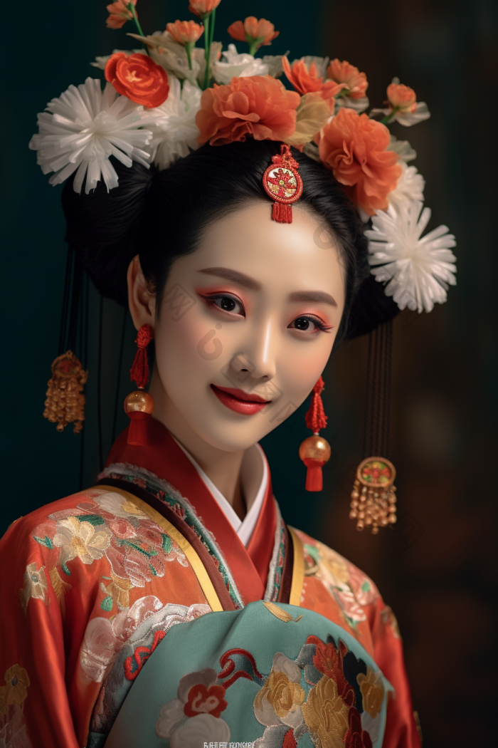 穿着旗袍戏服的女孩国潮国风戏剧服饰深色图片-包图网