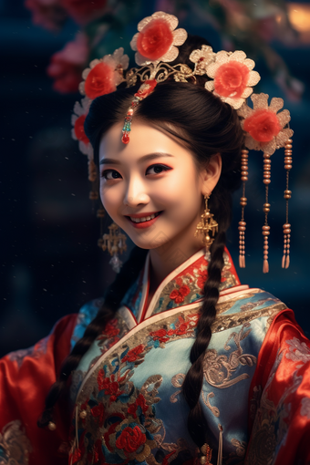 穿着<strong>旗袍</strong>戏服的女孩国潮国风中国人精致头饰