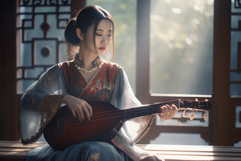 抱着古典乐器的古风女孩中国风典雅