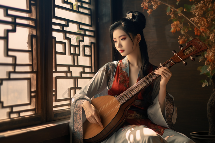 抱着古典乐器的古风女孩中国人海边