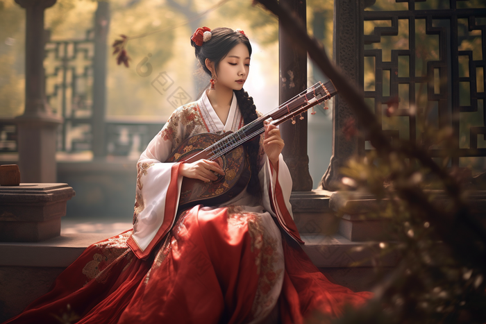 抱着古典乐器的古风女孩国风中国风