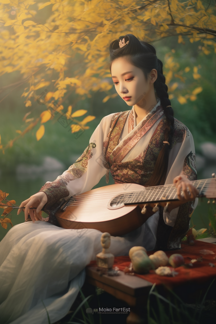 抱着古典乐器的古风女孩中国人温柔
