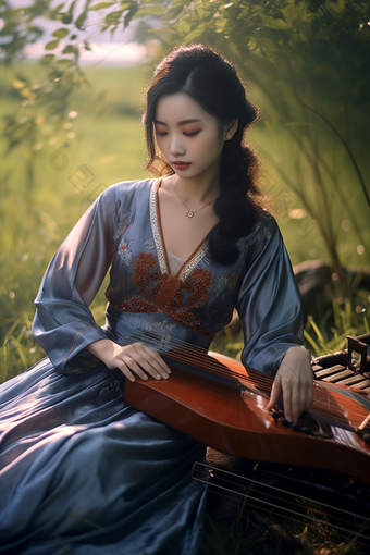 抱着<strong>古典乐器</strong>的古风女孩中国风文化
