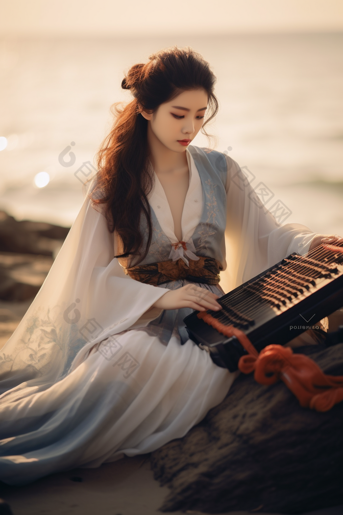 抱着古典乐器的古风女孩中国风艺术