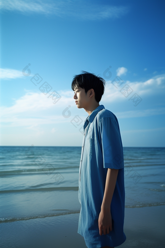 海边穿蓝色衣服男生唯美摄影年轻清秀