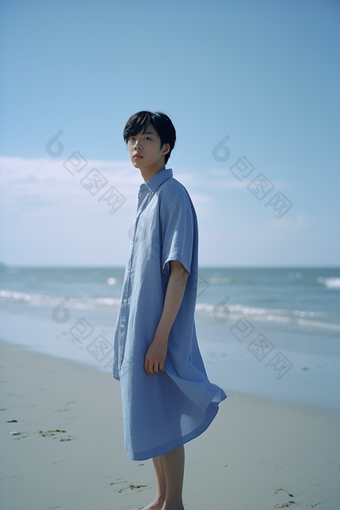 海边穿蓝色衣服男生唯美摄影年轻亚洲