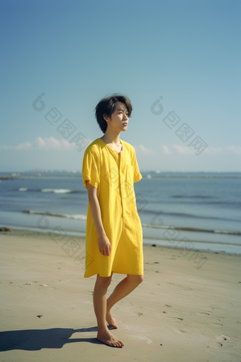 海边穿黄色衣服男生唯美摄影年轻亚洲