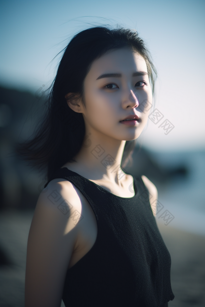 海边穿黑色裙子女生唯美摄影年轻好看